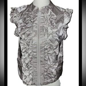 Charming Charlie Silver shiny RUFFLE Sleeve Zip Up VEST WOMEN L METALLIC pockets
